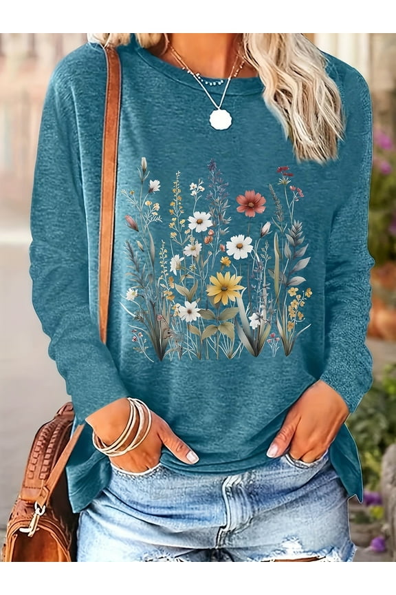 Women's Floral Wildflower Print Long Sleeve T-Shirt - Casual Blooming Graphic Round Neck Tee for Spring & Autumn Fashion