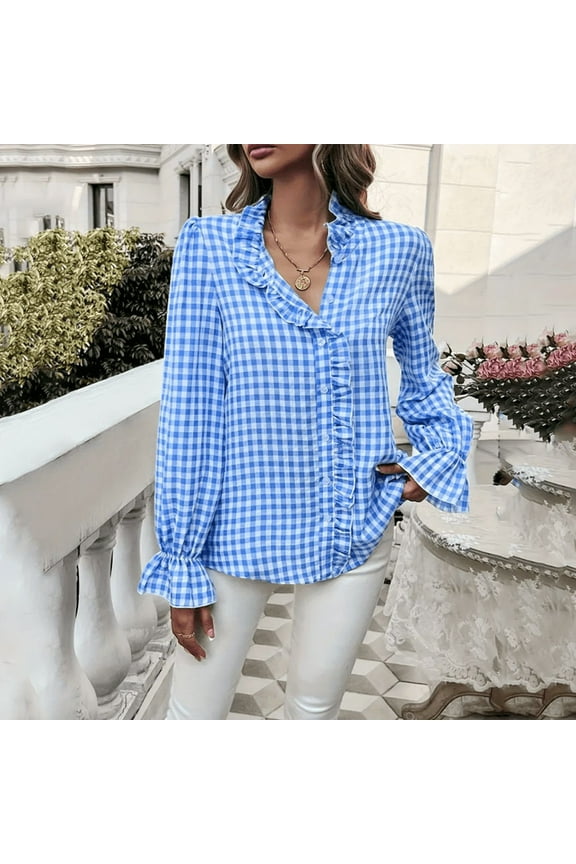 Women's French Style Checkered Button-Up Shirt - Elegant Plaid Pattern, Stand Collar With Ruffled Cuffs, Comfortable Wear