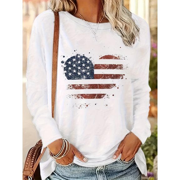 MORTTIC Women's Geometric Print Long Sleeve T-Shirt Fashionable Round Neck Pullover Top Stylish Fall Shirt for Casual Wear