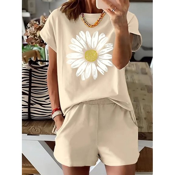 MORTTIC Women's Graphic Daisy Two-Piece Summer Set, Casual Short Sleeve T-Shirt & Shorts Outfit
, S