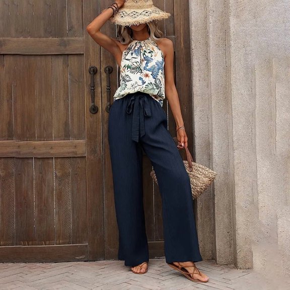 MORTTIC Women's Halter Neck 2-Piece Set Sleeveless Crop Top Wide Leg Pants Outfit Summer Beach Vacation Blue E，XL