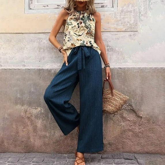 MORTTIC Women's Halter Neck 2-Piece Set Sleeveless Crop Top Wide Leg Pants Outfit Summer Beach Vacation Blue F,S