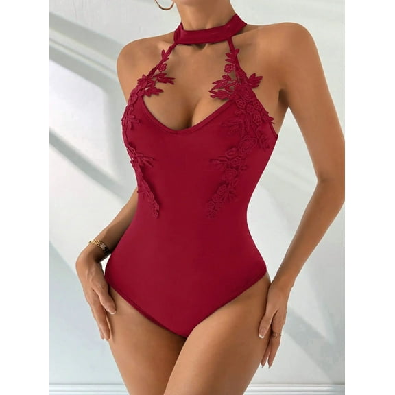 MORTTIC Women's Halter Neck Lace Jacquard Bodysuit Sleeveless Stretchy Tummy Control Boho Chic for Party Photoshoots & Date Nights