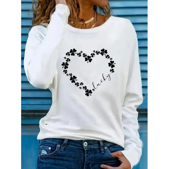 MORTTIC Women's Heart Print Graphic Long Sleeve T-Shirt, Casual Loose Fit Crew Neck Tee Top, White, M