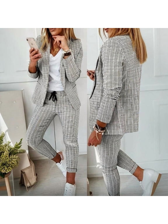 Women's Houndstooth Suit Set Elegant Blazer & Pants with Lapel Collar, Spring/Fall Office Wear & Casual Outfit