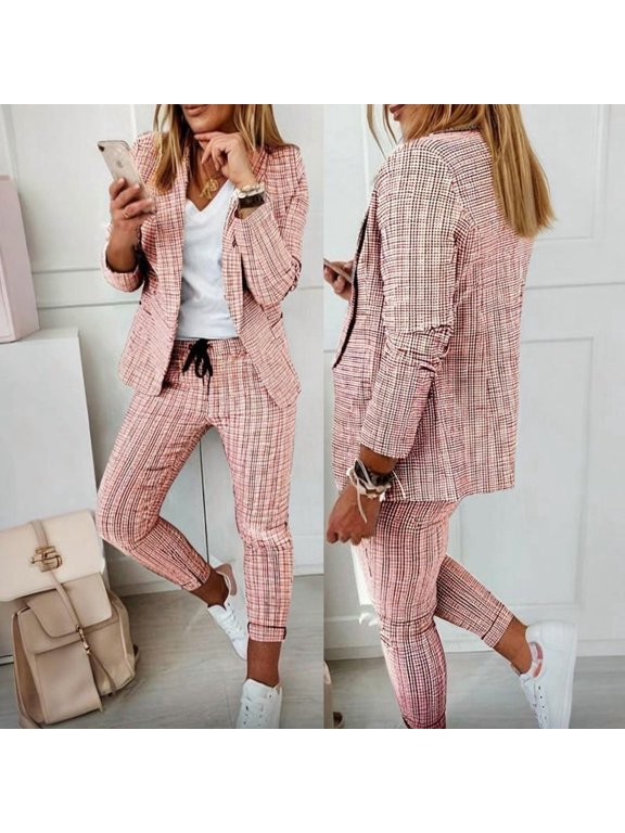 Women's Houndstooth Suit Set Elegant Blazer & Pants with Lapel Collar, Spring/Fall Office Wear & Casual Outfit