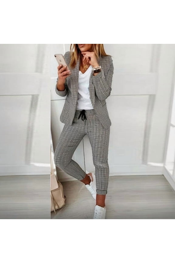 Women's Houndstooth Suit Set Elegant Blazer & Pants with Lapel Collar, Spring/Fall Office Wear & Casual Outfit