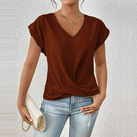 MORTTIC Women's Knotted V-Neck Elegant Short Sleeve Blouse Lightweight Casual Top for Spring Summer Brown Red,XXL