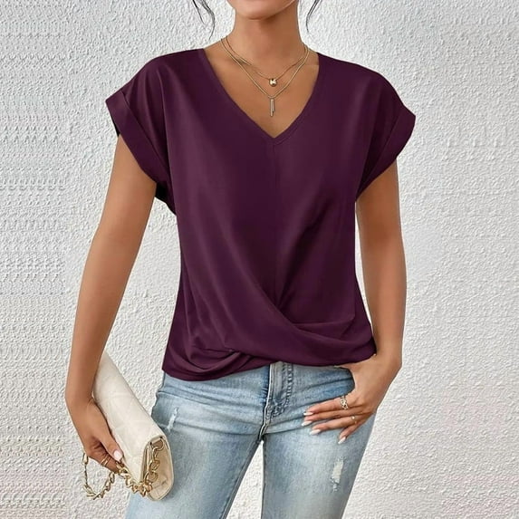 MORTTIC Women's Knotted V-Neck Elegant Short Sleeve Blouse Lightweight Casual Top for Spring Summer Fuchsia,S