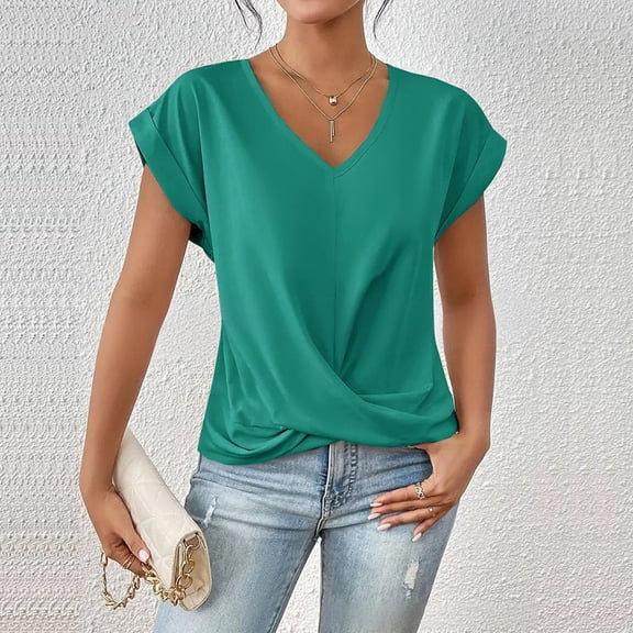 MORTTIC Women's Knotted V-Neck Elegant Short Sleeve Blouse Lightweight Casual Top for Spring Summer Peacock Blue，S