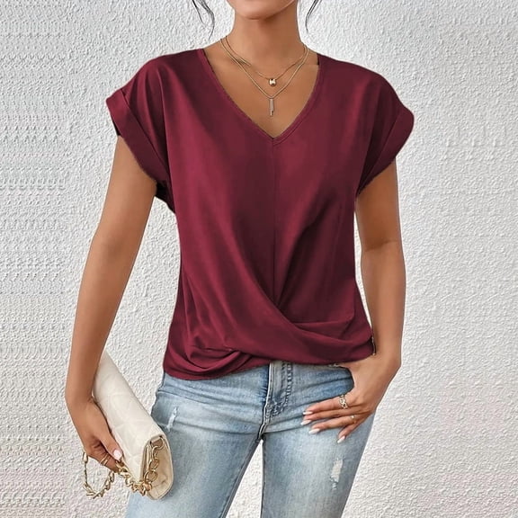 MORTTIC Women's Knotted V-Neck Elegant Short Sleeve Blouse Lightweight Casual Top for Spring Summer Wine Red，M