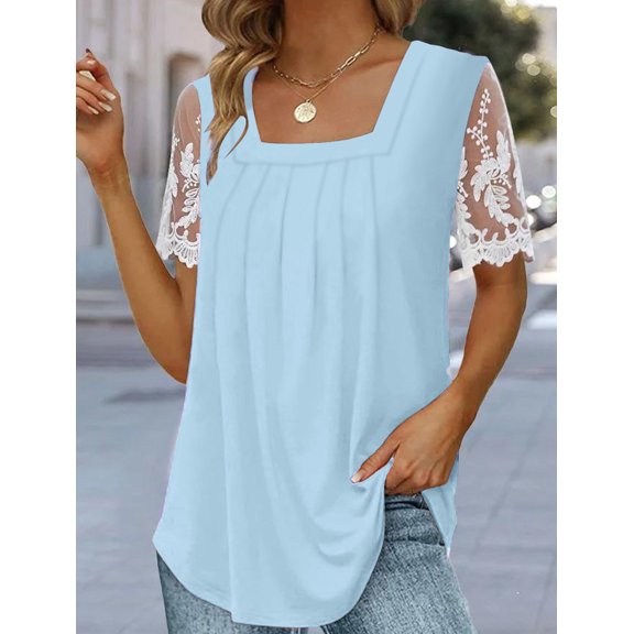 MORTTIC Women's Lace Pleated Square Neck Short Sleeve Casual Loose Fit T-Shirt Blouse, S