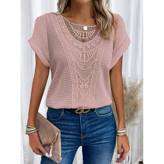 MORTTIC Women's Lace Splicing Short Sleeve Crew Neck T-Shirt, Summer Loose Fit Casual Tee Top, 2XL