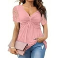 thumbnail image 1 of MORTTIC Women's Lace V-Neck Twist Front T-Shirt, Short Sleeve Slim Fit Summer Casual Top, M, 1 of 5