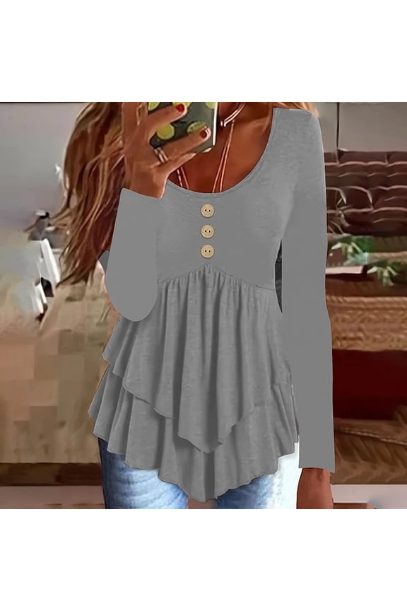 Women's Layered Ruffle Hem Tunic Long Sleeve Button Front Casual Round Neck Blouse for Everyday Wear Gray,L