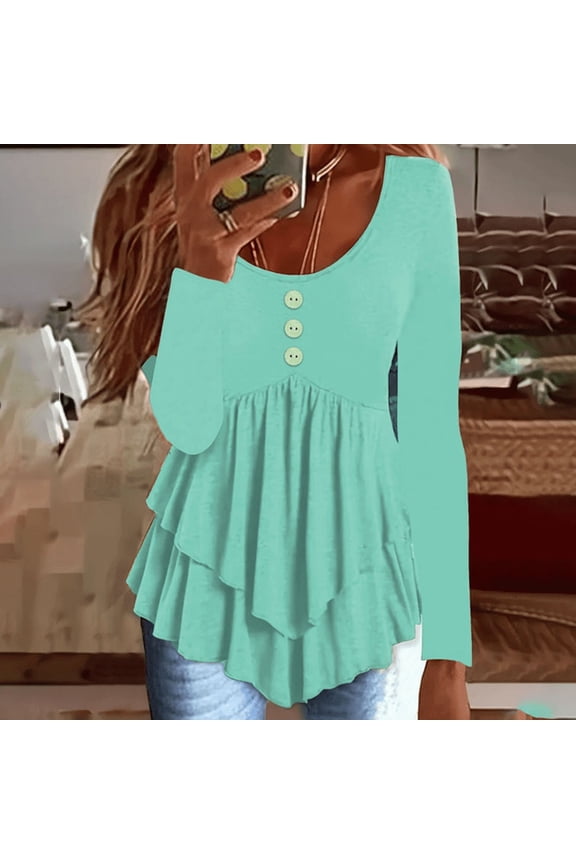 Women's Layered Ruffle Hem Tunic Long Sleeve Button Front Casual Round Neck Blouse for Everyday Wear Green，L