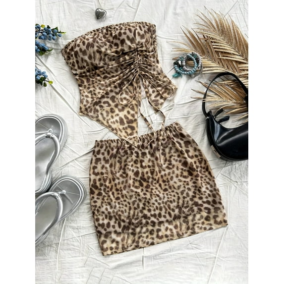 MORTTIC Women's Leopard Print 2-Piece Set Sleeveless Tube Top & Low-Rise Bodycon Mini Skirt, Party Clubwear Outfit