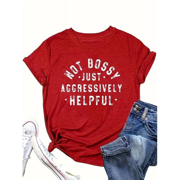 MORTTIC Women's Letter Print Graphic Round Neck Short Sleeve T-Shirt, Casual Summer Tee Top