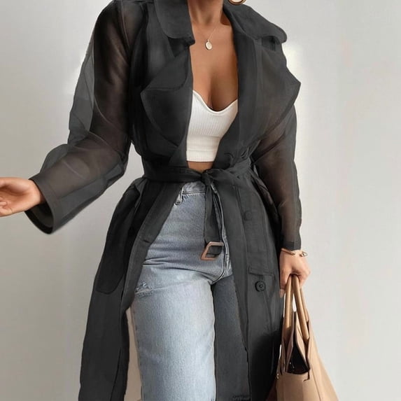 MORTTIC Women's Lightweight Semi-See Through Long Sleeve Cardigan - Loose Fit Open Front Cover Up with Buttons & Belt Black,S