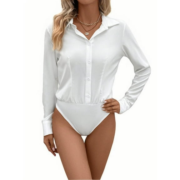 MORTTIC Women's Long Sleeve Button Down Bodysuit Shirt – Business Casual One-Piece Collared Blouse for Office Workwear, M