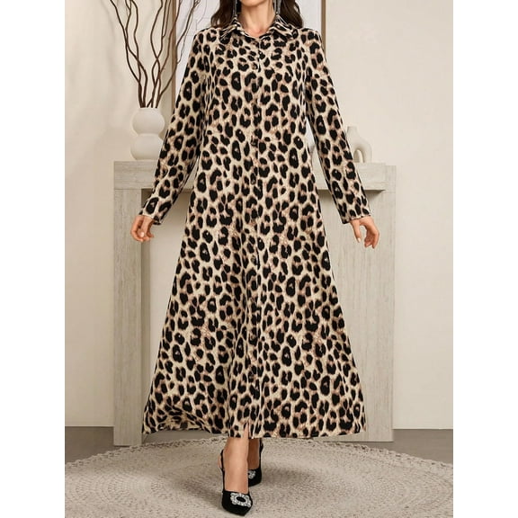 MORTTIC Women's Long Sleeve Leopard Maxi Dress, Elegant Ankle-Length Dress for Work or Daily Wear