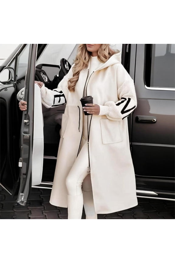 Women's Long Sleeve Letter Print Hooded Long Dust Coat with Pockets Zipper Fall Spring Fashion Outerwear Beige,L