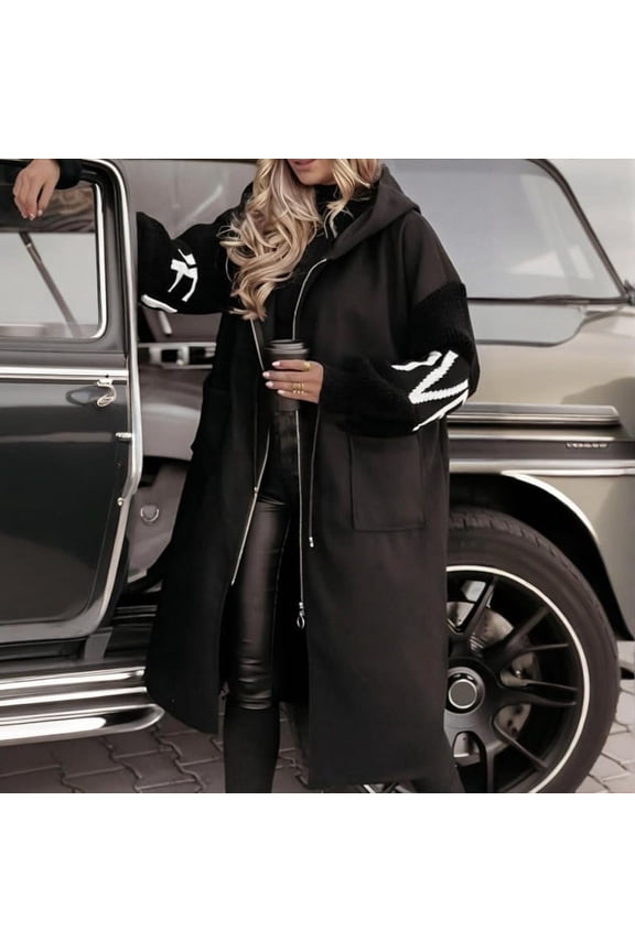 Women's Long Sleeve Letter Print Hooded Long Dust Coat with Pockets Zipper Fall Spring Fashion Outerwear Black，S