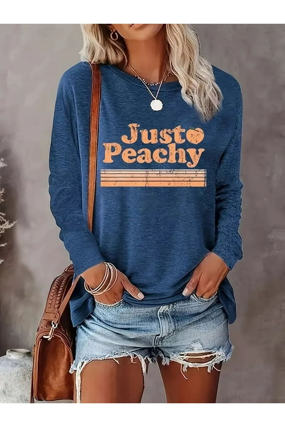 Women's Long Sleeve Round Neck T-Shirt "Just Peachy" Graphic Print Casual Tee Tops,Blue,S