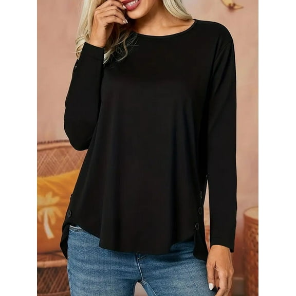 MORTTIC Women's Long Sleeve Tunic Top, Round Neck Pullover Shirt with Button Side Detail, Casual Everyday Tee