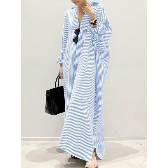 MORTTIC Women's Loose Fit Button Down Striped Maxi Shirt Dress, Long Sleeve Casual Tunic Dress, S