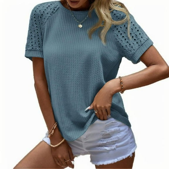 MORTTIC Women's Loose Fit Short Sleeve Blouse CasualHollow Out Crew Neck Tunic Shirt, M