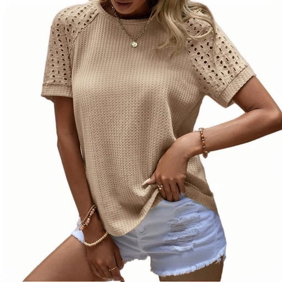 MORTTIC Women's Loose Fit Short Sleeve Blouse CasualHollow Out Crew Neck Tunic Shirt, S