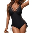thumbnail image 1 of MORTTIC Women's Mesh V-Neck One-Piece Swimsuit, Tummy Control Swimwear with Adjustable Drawstring, 1 of 5