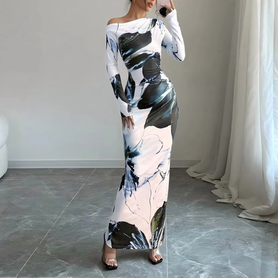 MORTTIC Women's Off-Shoulder Floral Print Bodycon Stretchy Party & Casual Long Sleeve Maxi Dress Black & Light Blue,XL