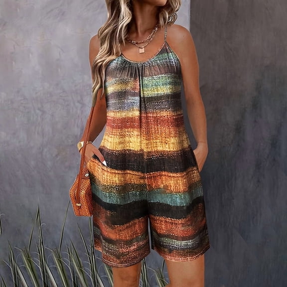 MORTTIC Women's Off-Shoulder Pockets Sleeveless Loose Jumpsuit Breathable Summer Beach Romper for Vacation Caramel,S