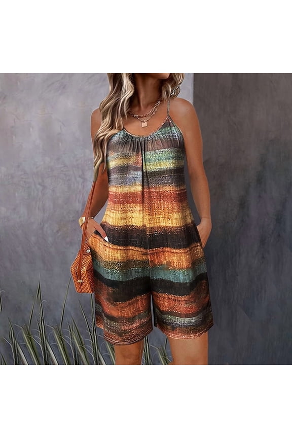 Women's Off-Shoulder Pockets Sleeveless Loose Jumpsuit Breathable Summer Beach Romper for Vacation Caramel,XXL