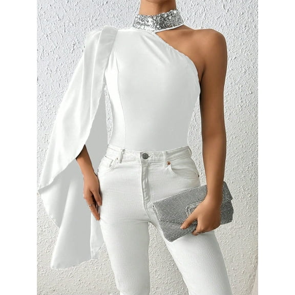 MORTTIC Women's One Shoulder Long Sleeve Top, Elegant Asymmetrical Neck Halter Shirt, Solid Color Casual Blouse, S