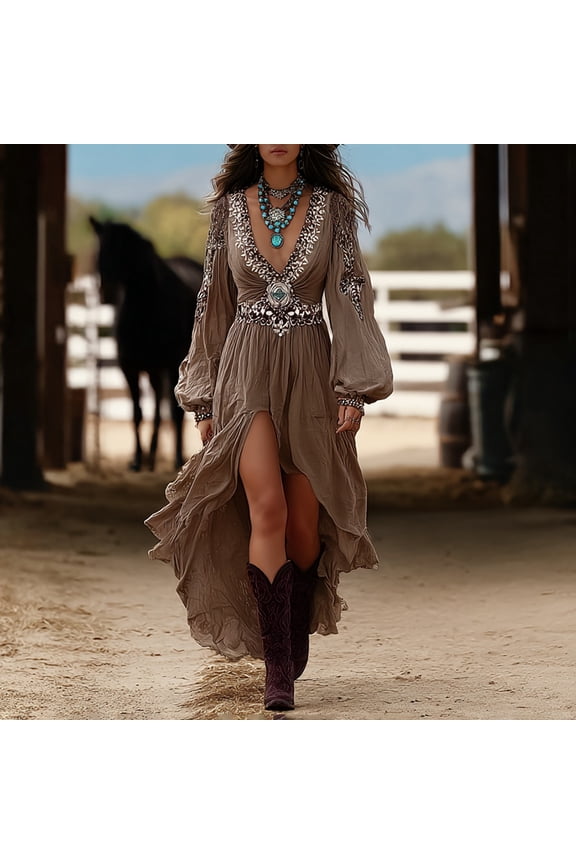 Women's Patchwork V-Neck Dress with Puff Sleeves & Asymmetric Hem Flowy Western Style Boho Midi Dress Coffee,S