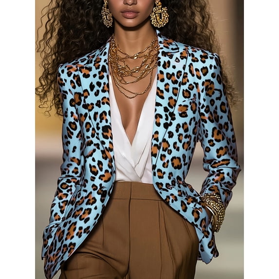 MORTTIC Women's Pink Leopard Print Long Sleeve Blazer Slim Fit Notch Lapel Button Spring Fall Fashion Office Wear Blue,M