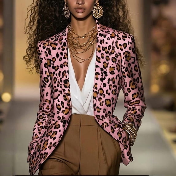 MORTTIC Women's Pink Leopard Print Long Sleeve Blazer Slim Fit Notch Lapel Button Spring Fall Fashion Office Wear Pink,S