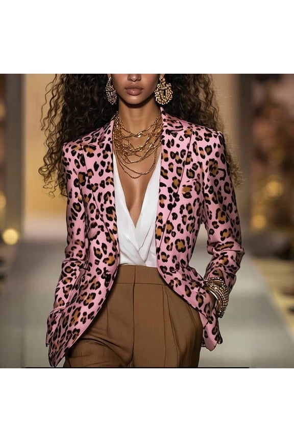 Women's Pink Leopard Print Long Sleeve Blazer Slim Fit Notch Lapel Button Spring Fall Fashion Office Wear Pink，XL