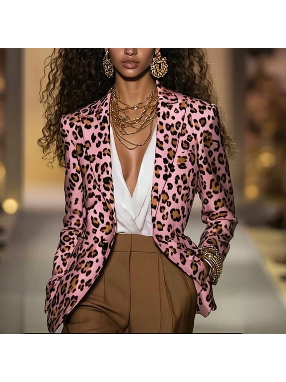 Women's Pink Leopard Print Long Sleeve Blazer Slim Fit Notch Lapel Button Spring Fall Fashion Office Wear Pink,XL