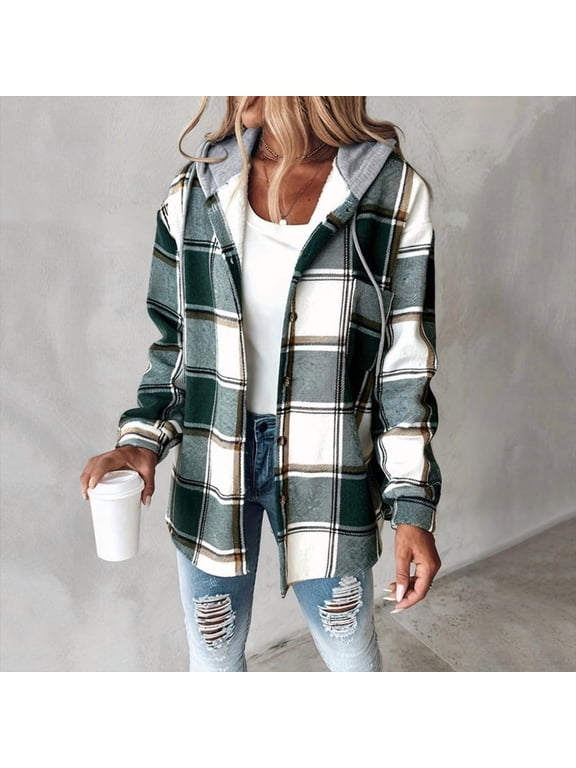 Women's Plaid Drop Shoulder Hooded Jacket Adjustable Drawstring Casual Coat Warm Fall/Winter Outerwear Green S