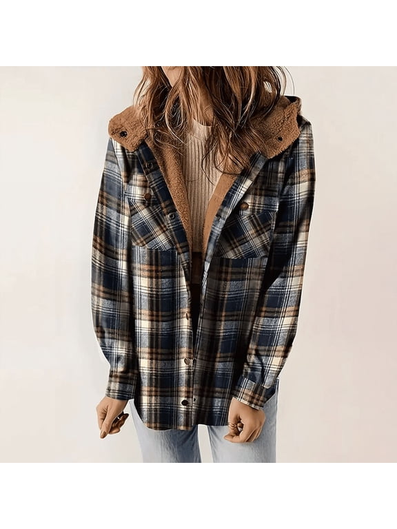 Women's Plaid Flannel Hooded Jacket, Long Sleeve Button Front Fleece Lining Coat with Pockets Brown,S
