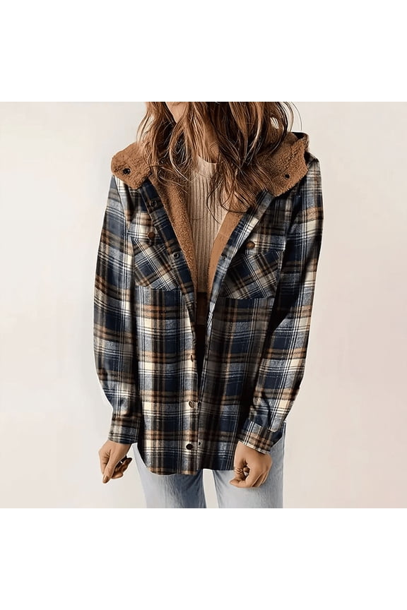 Women's Plaid Flannel Hooded Jacket, Long Sleeve Button Front Fleece Lining Coat with Pockets Brown,S