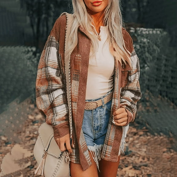 MORTTIC Women's Plaid Print Long Sleeve Shirt with Lapel Collar, Button-Down Casual Overshirt with Pocket Brown，S