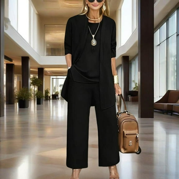 MORTTIC Women's Plus Size 3-Piece Lounge Set Open Front Cardigan Sleeveless Vest Wide Leg Pants Outfit Black，L