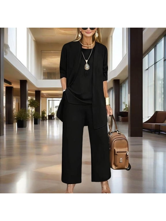 Women's Plus Size 3-Piece Lounge Set Open Front Cardigan Sleeveless Vest Wide Leg Pants Outfit Black,L