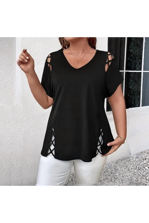Women's Plus Size V-Neck Short Sleeve Casual T-Shirt with Criss Cross Strap Detail for Summer Blackļ¼0XL