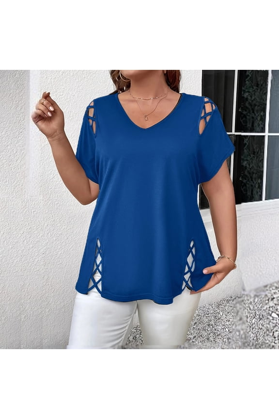 Women's Plus Size V-Neck Short Sleeve Casual T-Shirt with Criss Cross Strap Detail for Summer Blue,1XL
